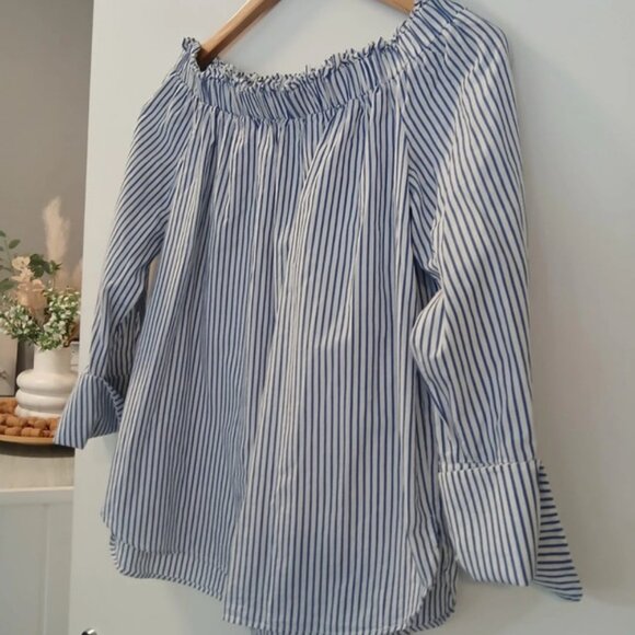H&M woman's white mix stripe cotton bardot top - Picture 1 of 5